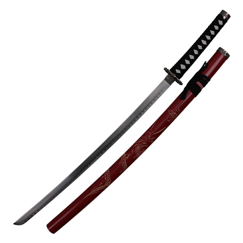 40" Red Dragon Katana w/ Carved Scabbard | Collectible Carbon Steel Sword