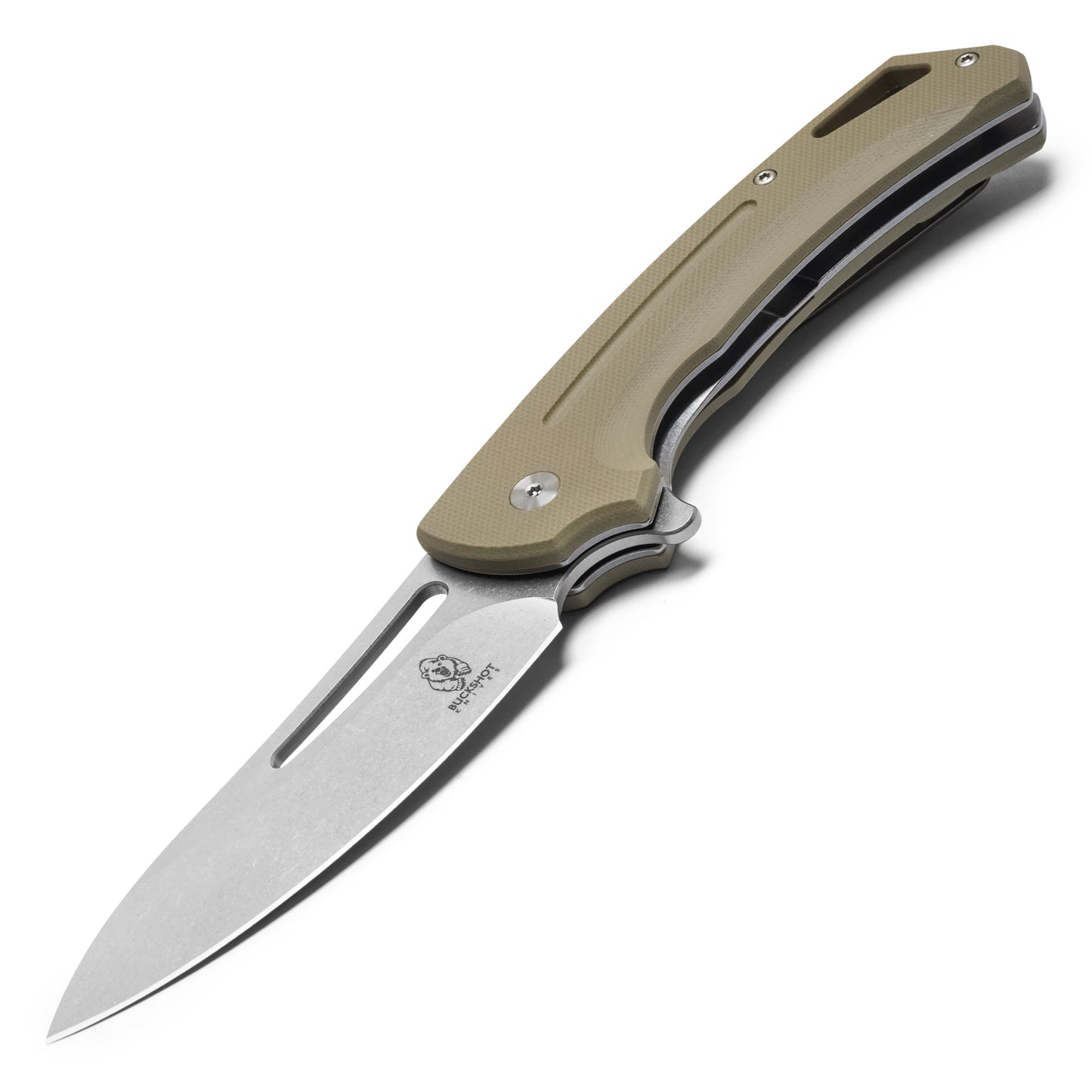 Buckshot Knives - 8.25" Desert Tan Perforated D2 | Ball Bearing Pocket Knife