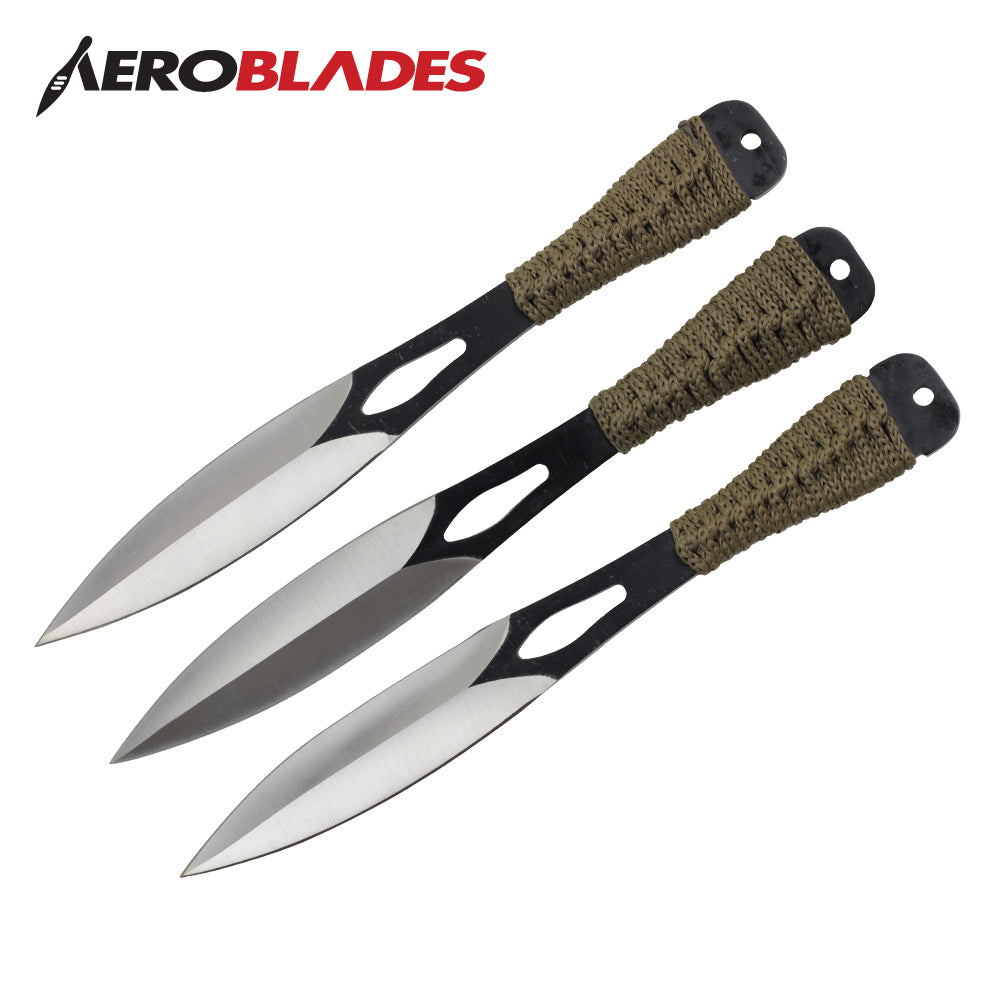 9 black 3 pcs set throwing knife with cord wrapped handle-inch
