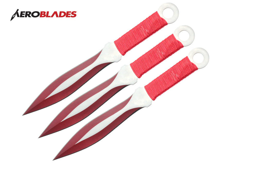 9 chrome 3 pcs set throwing knife with red wrapped handle-inch