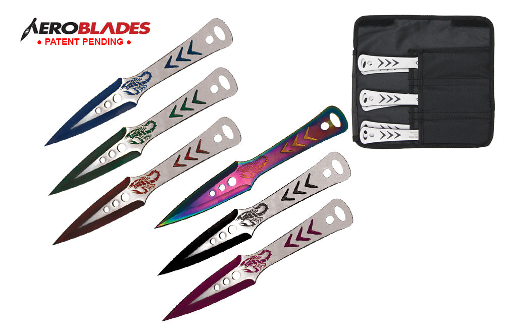 9 6 pc set two tone throwing knife with cord wrapped handle-inch