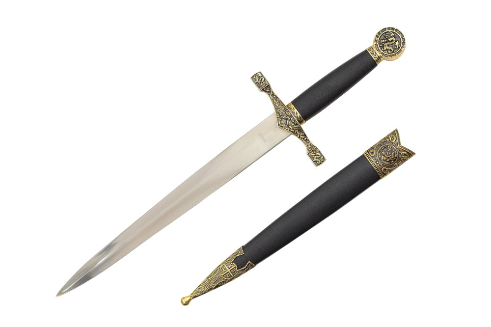 16-inch Length, Stainless Steel Blade, Black Handle w Dragon Pommel, Scabbard w Gold Fittings
