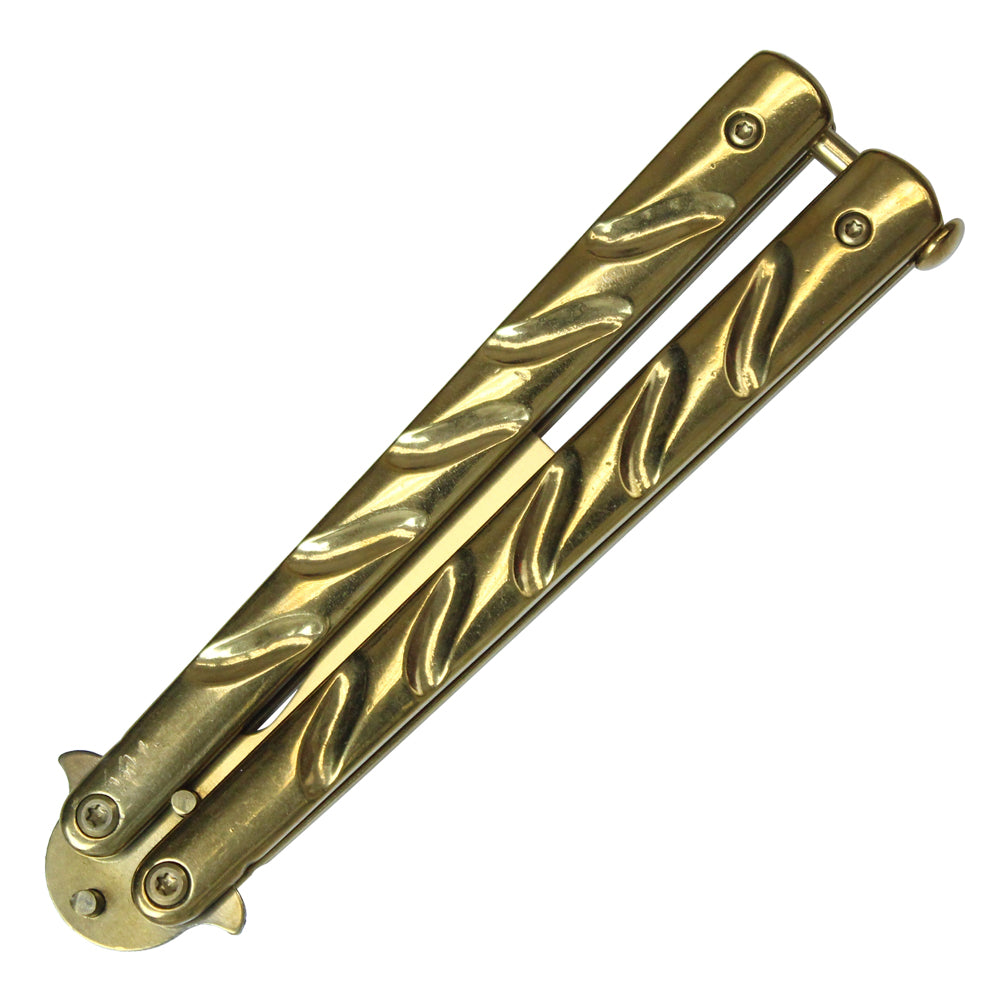 7 1/2" Solid Gold Beer Bottle Opener Stainless Steel Balisong Training Knife w/ Indentation Handle