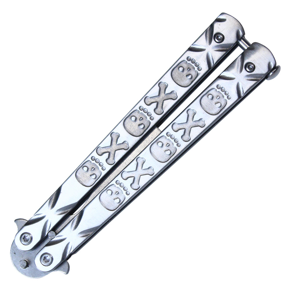 7 1/2" Solid Chrome Beer Bottle Opener Stainless Steel Balisong Training Knife w/ Skull and Cross Bone Handle