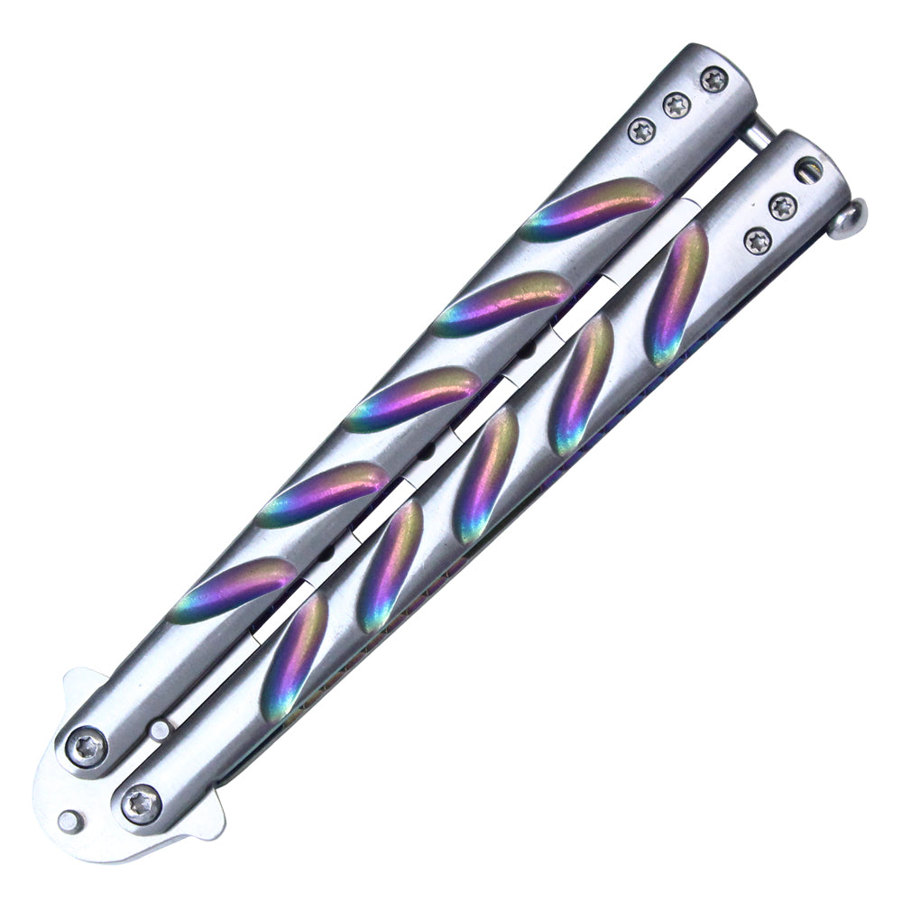 8 3/4" Stainless Steel Balisong Training Knife w/ Rainbow indentation marks on handle