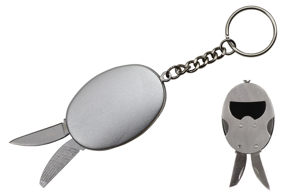 3" Engravable Chrome Keychain Bottle Opener, Knife, Nail File