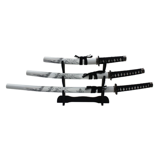 3 Piece Dragon White Katana Set | Collectible Carbon Steel Sword Set