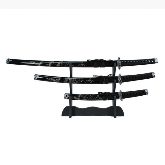 3 Piece Dragon Black Katana Set | Collectible Carbon Steel Sword Set