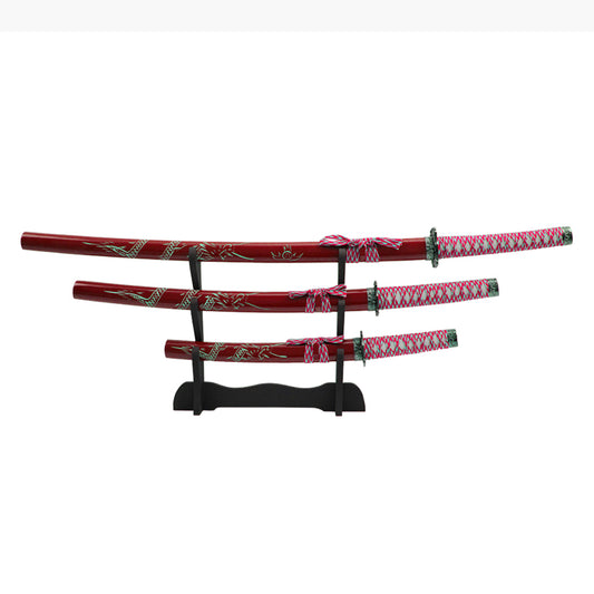 3 Piece Dragon Red Katana Set | Collectible Carbon Steel Sword Set