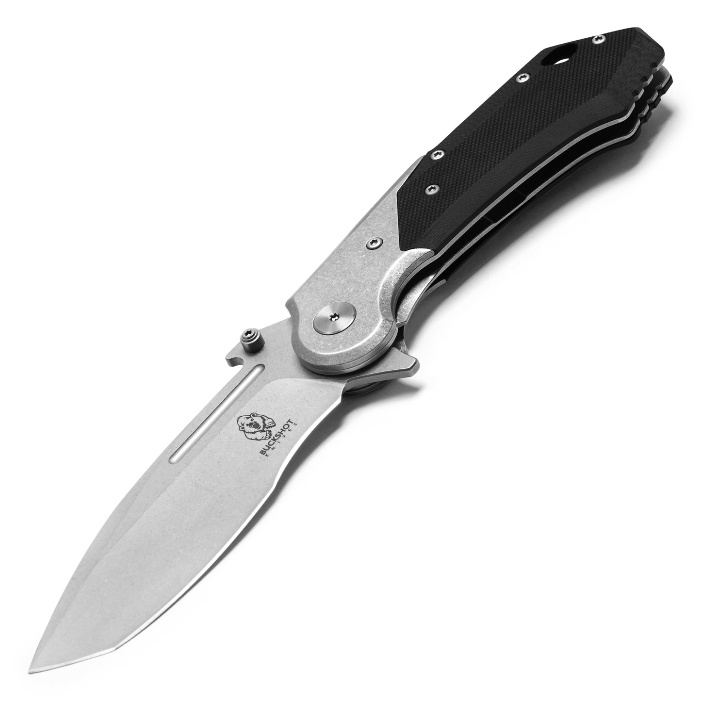 Buckshot Knives - 8.25" Black D2 Drop Point | Ball Bearing Pocket Knife