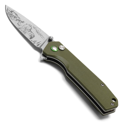 Buckshot Knives - 7" Green D2 Wolfpack | Ball Bearing Pocket Knife