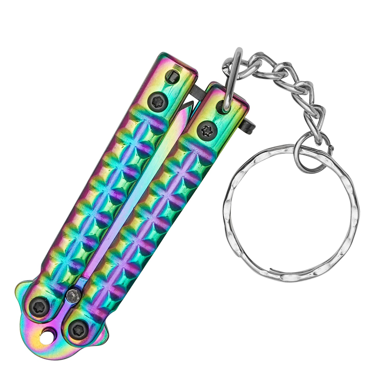 3.75" Rainbow Mini Butterfly Knife Keychain | Folding Pocket Knife