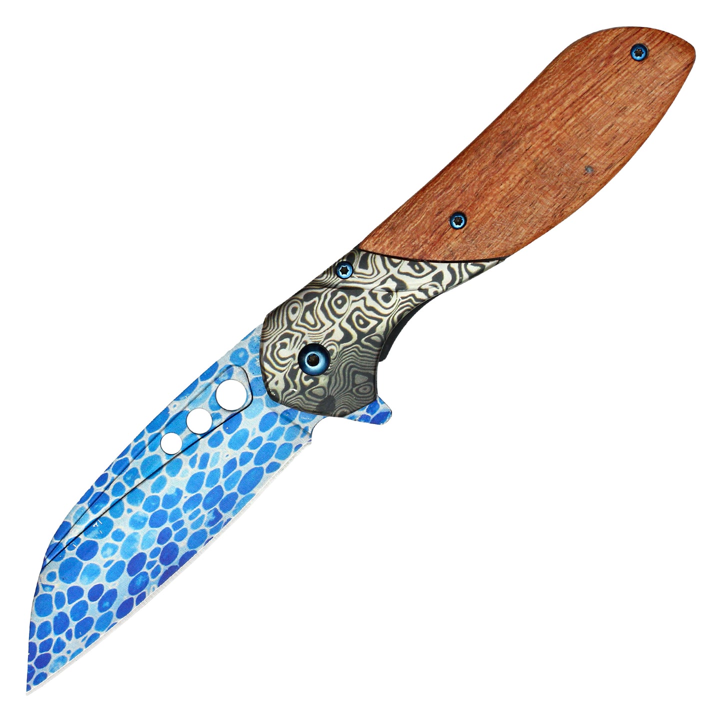 Buckshot - 8.25" Blue Etched Damascus | Spring Assisted Pocket Knife