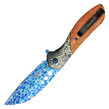 Buckshot - 8.25" Blue Etched Damascus | Spring Assisted Pocket Knife