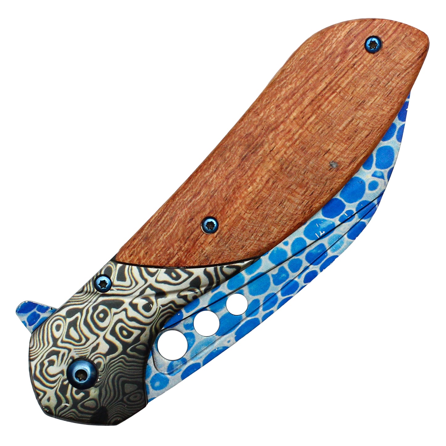 Buckshot - 8.25" Blue Etched Damascus | Spring Assisted Pocket Knife