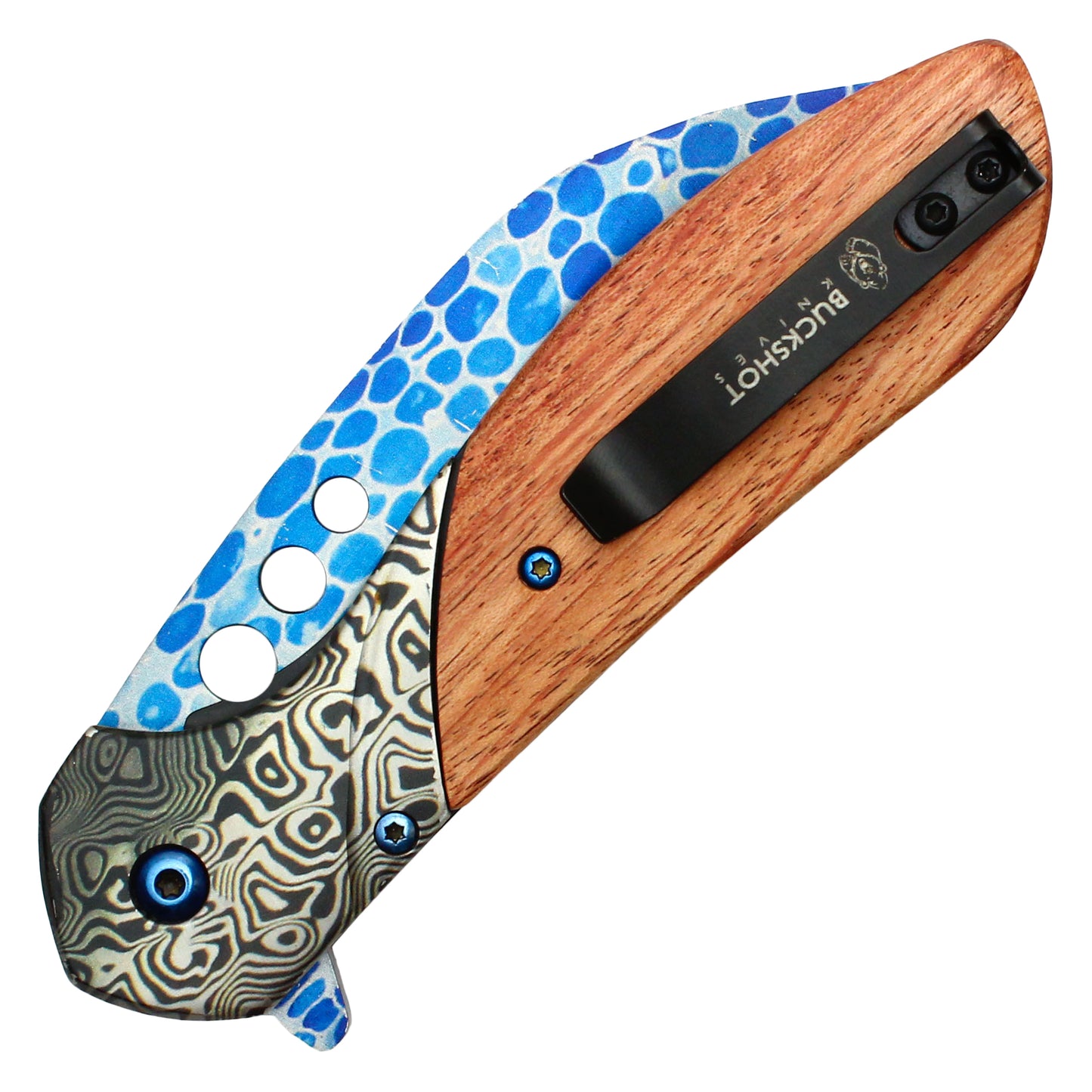 Buckshot - 8.25" Blue Etched Damascus | Spring Assisted Pocket Knife