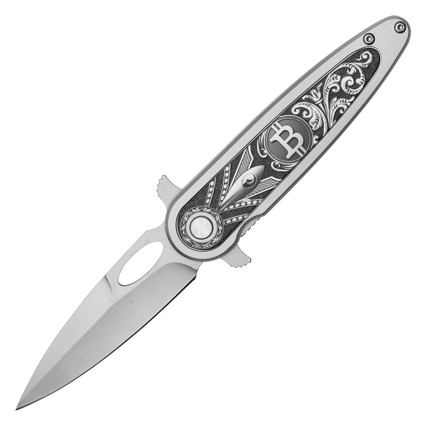 7.75” Silver Bitcoin Pocket Knife | Spring Assisted Pocket Knife