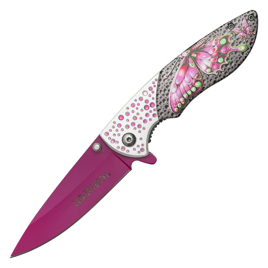 Wartech – 8" Dotted Pink Butterfly | Spring Assisted Pocket Knife