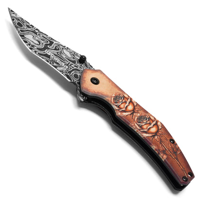 Wartech - 7.75" Damascus Rose | Spring Assisted Pocket Knife