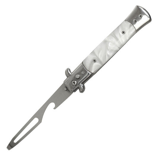 9" White Pearl | Automatic Switchblade Bottle Opener Screwdriver