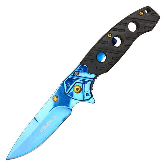 Wartech - 8" Blue Chrome Wood | Spring Assisted Pocket Knife