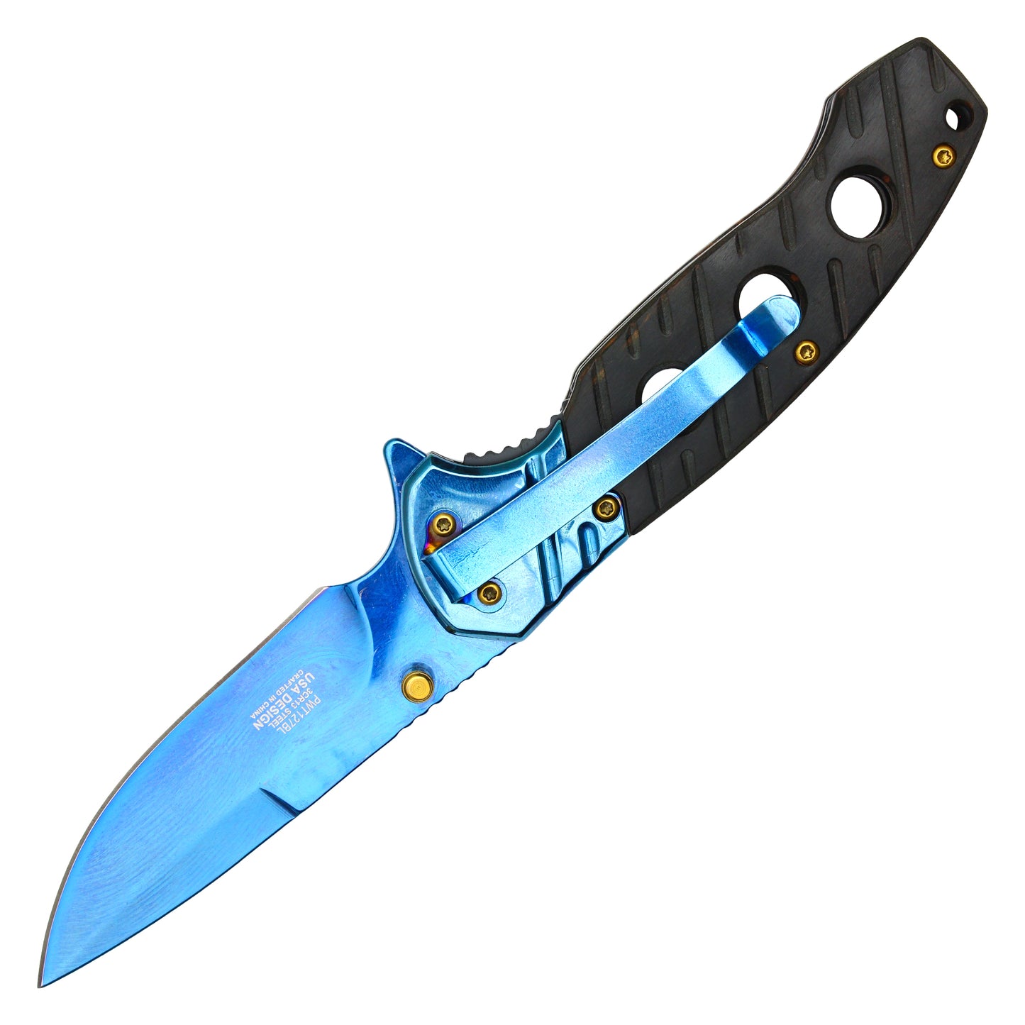 Wartech - 8" Blue Chrome Wood | Spring Assisted Pocket Knife