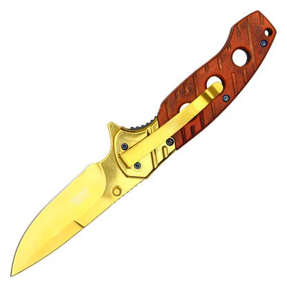 Wartech - 8" Gold Cherry Wood | Spring Assisted Pocket Knife