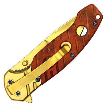 Wartech - 8" Gold Cherry Wood | Spring Assisted Pocket Knife