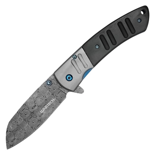 Wartech - 8" Black Wood Etched Damascus | Spring Assisted Pocket Knife