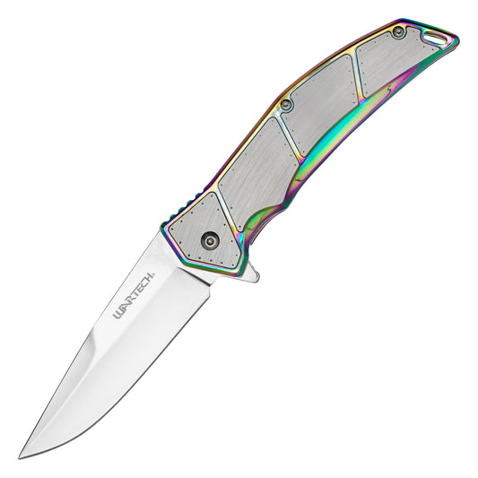 Wartech - 8.5" Rainbow Brushed Steel | Spring Assisted Pocket Knife