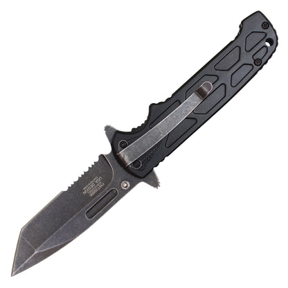 8" Black Pocket Knife w/ Stonewashed Blade