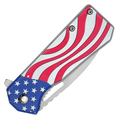Wartech - 6.25” Silver USA Flag | Spring Assisted Pocket Knife