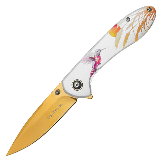 Wartech - 7.75" Gold Hummingbird Print | Spring Assisted Pocket Knife