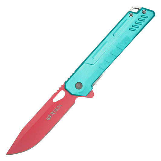 Wartech - 7.75" Red & Cyan Perforated | Spring Assisted Pocket Knife