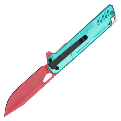 Wartech - 7.75" Red & Cyan Perforated | Spring Assisted Pocket Knife