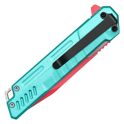 Wartech - 7.75" Red & Cyan Perforated | Spring Assisted Pocket Knife
