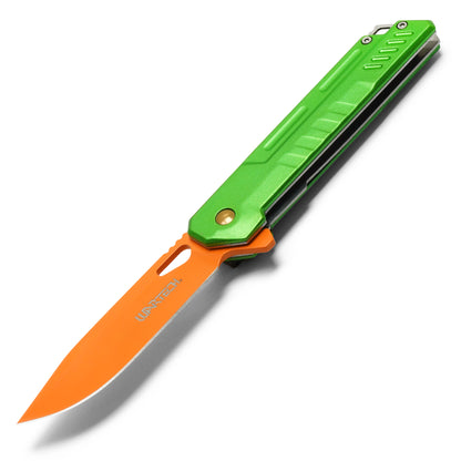 Wartech - 7.75" Orange & Green Perforated | Spring Assisted Pocket Knife