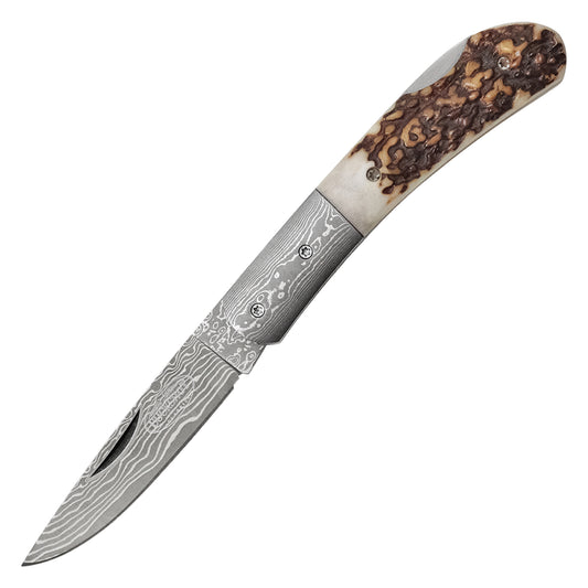 Buckshot Knives - 7" Stag Damascus | Traditional Folding Knife