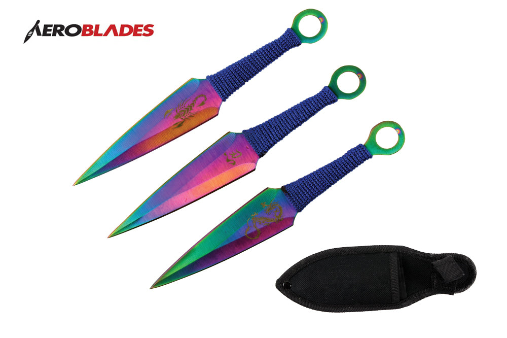 6.5" 3 pc rainbow kunai throwing knives