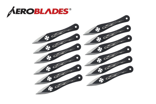 9 IRON CROSS W FLAME 12PCS SET THROWING KNIVES BLACK-inch