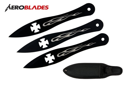 9 IRON CROSS W FLAME 3PCS SET THROWING KNIVES-inch