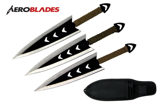 6.5 BLACK 3PC THROWING KNIFE KIT WITH CORD WRAPPED HANDLE-inch