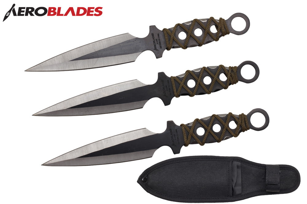 9 black 3 pcs set throwing knife with cord wrapped handle-inch