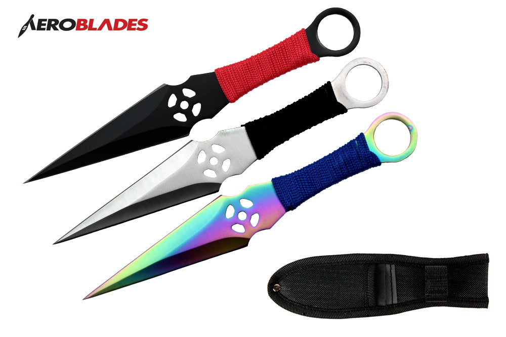 9 3 pcs set black chrome and rainbow kunai throwing knife-inch