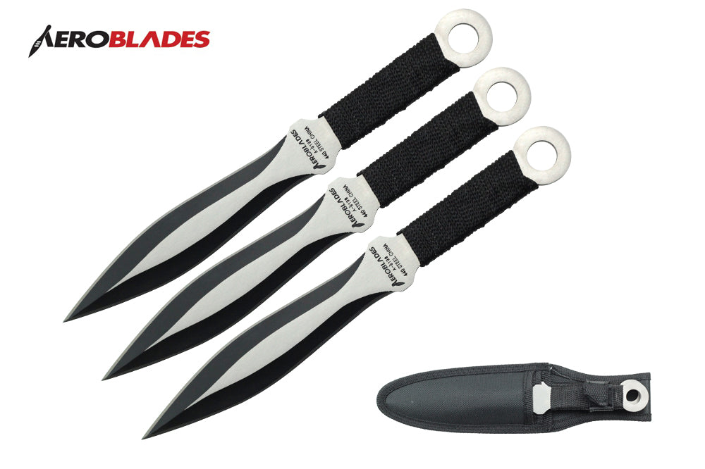 9 CHROME 3 pcs set throwing knife WITH BLACK WRAPPED HANDLE-inch