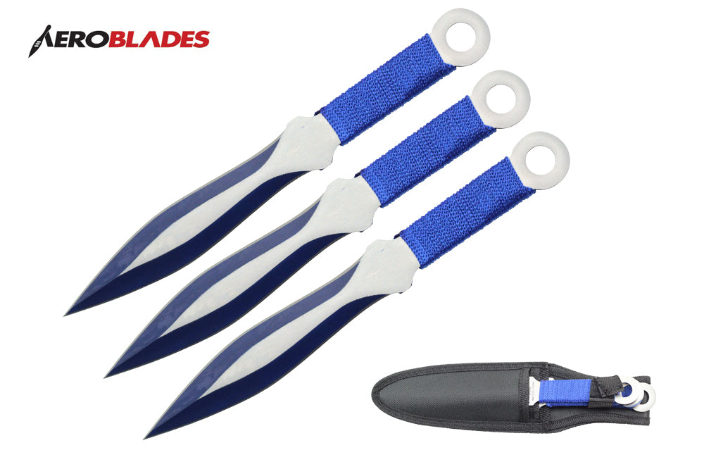 9 chrome 3 pcs set throwing knife with blue wrapped handle-inch