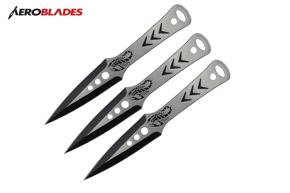 9 chrome scorpion 3 pcs set two tone throwing knife-inch