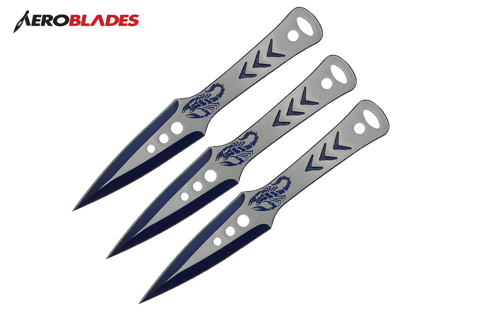 9 chrome 3 pcs set two tone throwing knife blue blade-inch