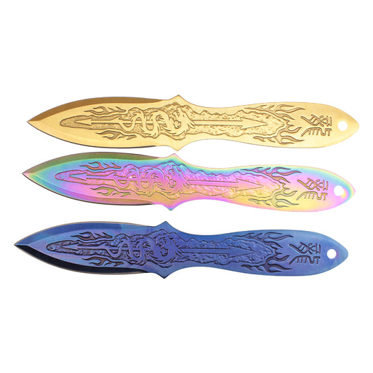 9-inch 3pc. Assorted Color Stainless Steel Dragon Throwing Knive Set