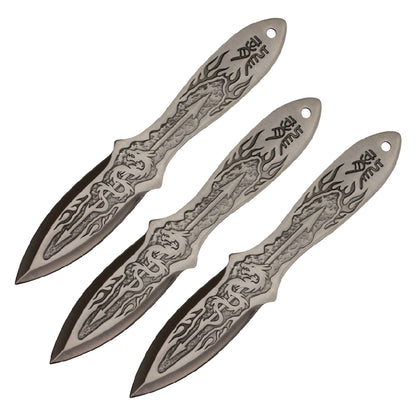 9-Inch 3Pc. Silver Stainless Steel Dragon Throwing Knive Set